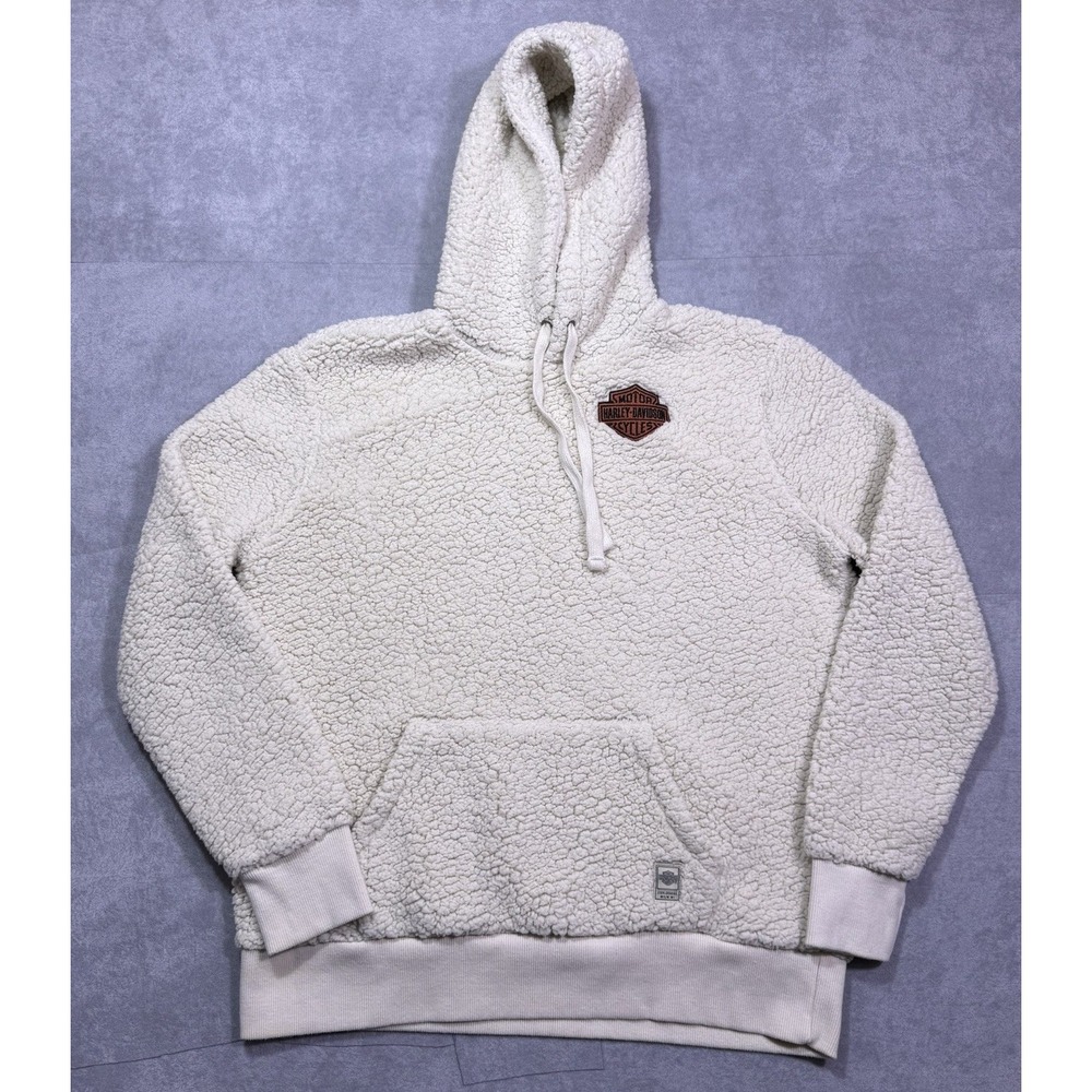 Harley Davidson Hoodie Mens L Sherpa Fleece Cream Pullover Bar Shield Biker USA